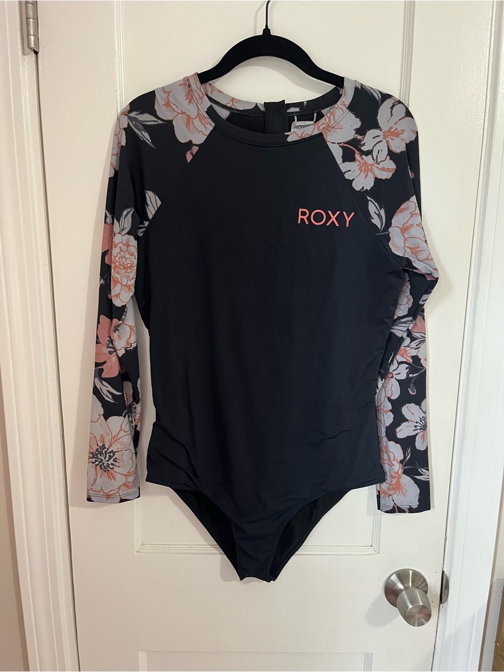 Roxy Black Long-Sleeve Floral Rash Guard One-Piece